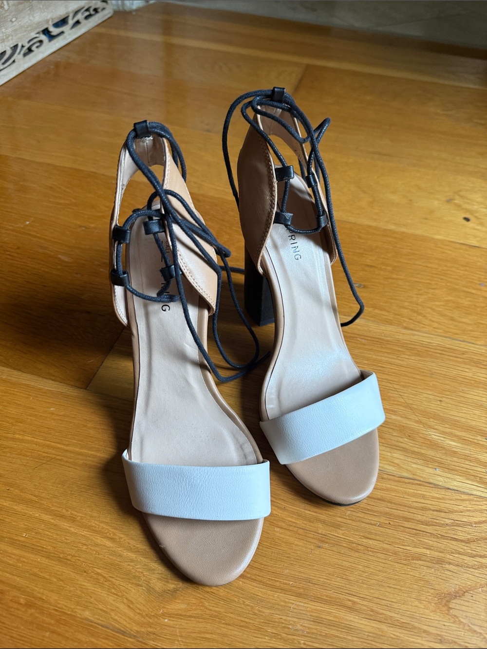Call It Spring Tan and White Lace-Up Block Heel Sandals - Women